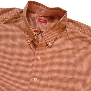 IZOD Men's Long Sleeve 2XL Orange Checkered Button Down Shirt 100% Cotton Cabin